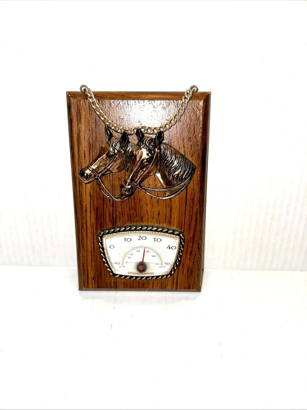 Vintage Brass/metal Horse Head Wooden Wall Thermometer Plaque -  Brown 1x4.5x7